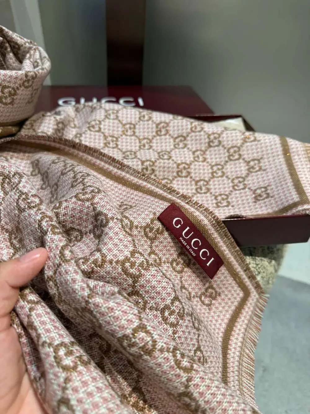 GUCCI Pink & Brown GG Monogram Scarf